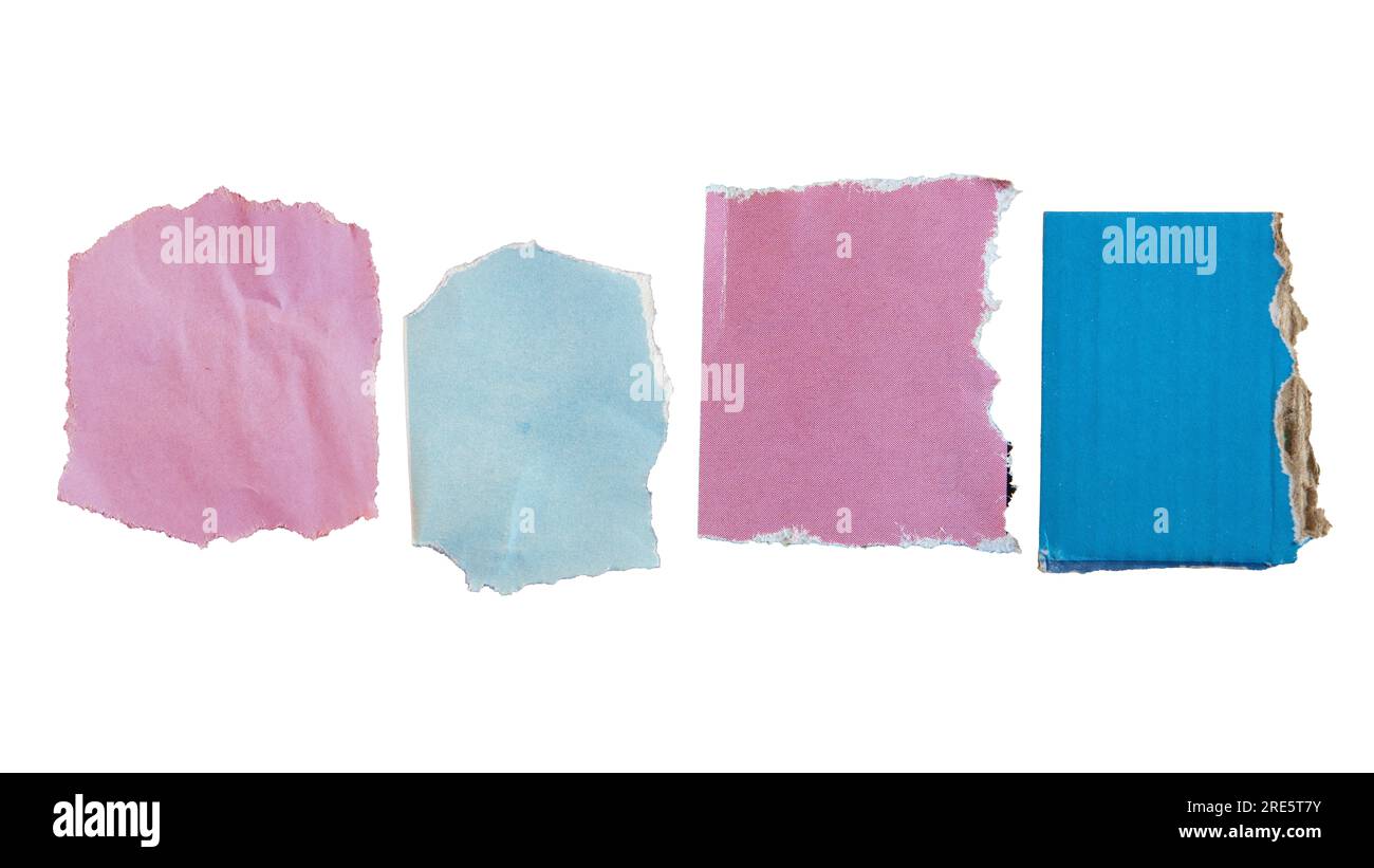 Papiers roses et bleus arrachés d'un magazine pour l'utiliser comme fond de lettre de note de rançon avec chemin de détourage Banque D'Images