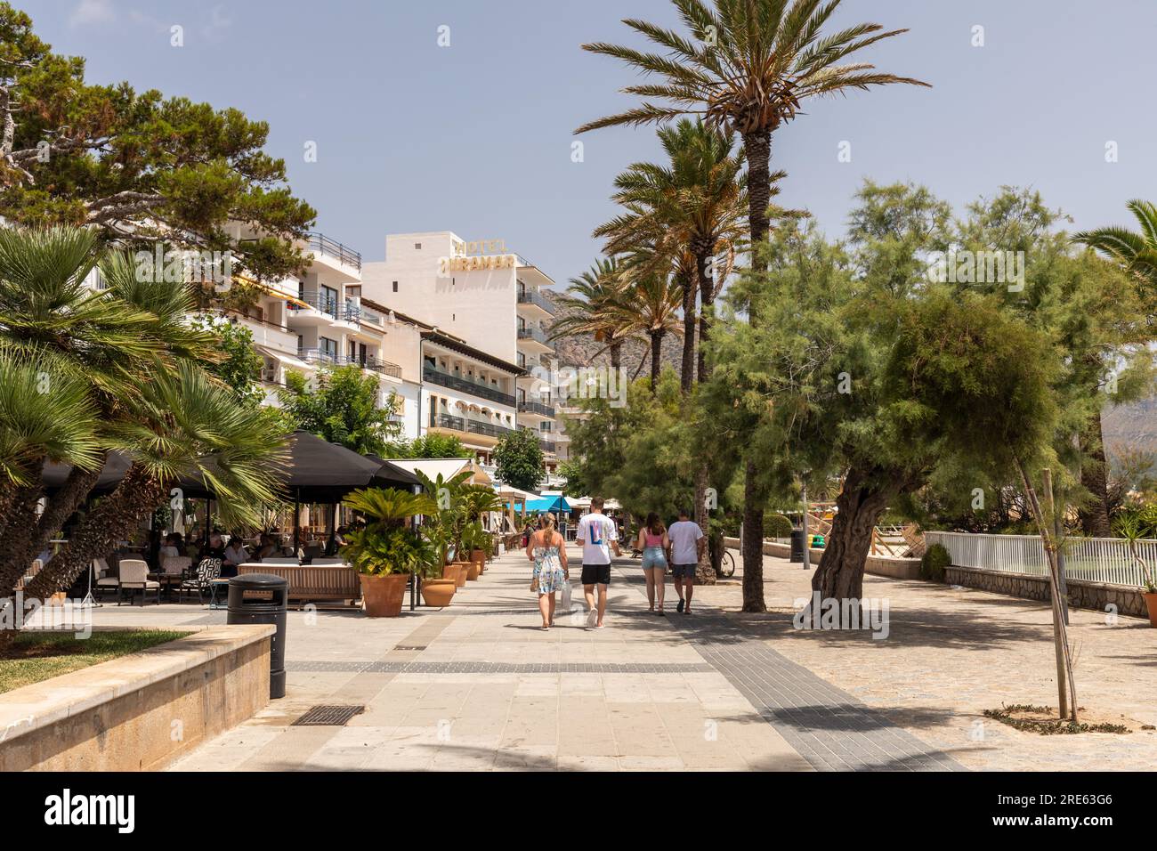 Promenade au bord de l'eau à Puerto Pollensa, Majorque (Majorque), Îles Baléares, Espagne, Europe Banque D'Images