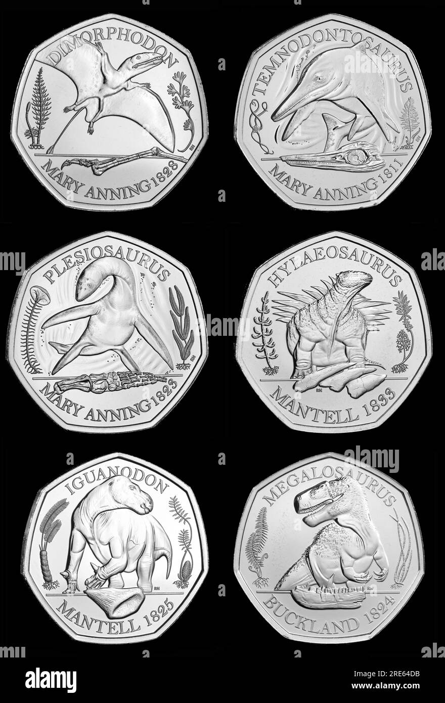 Pièces de 50p représentant des dinosaures de la collection Royal Mint Dinosauria émises entre 2020 et 2021 Banque D'Images
