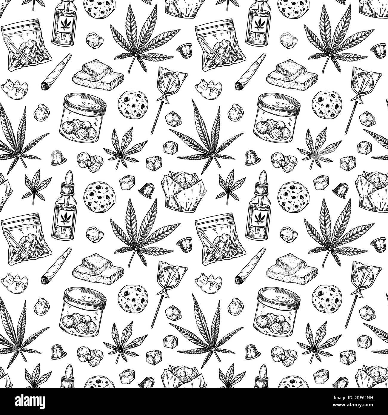 Modèle sans couture de produits de cannabis. Fond vintage dessiné à la main de marijuana. Illustration vectorielle dans le style d'esquisse. Motif de gravure de mauvaises herbes Illustration de Vecteur