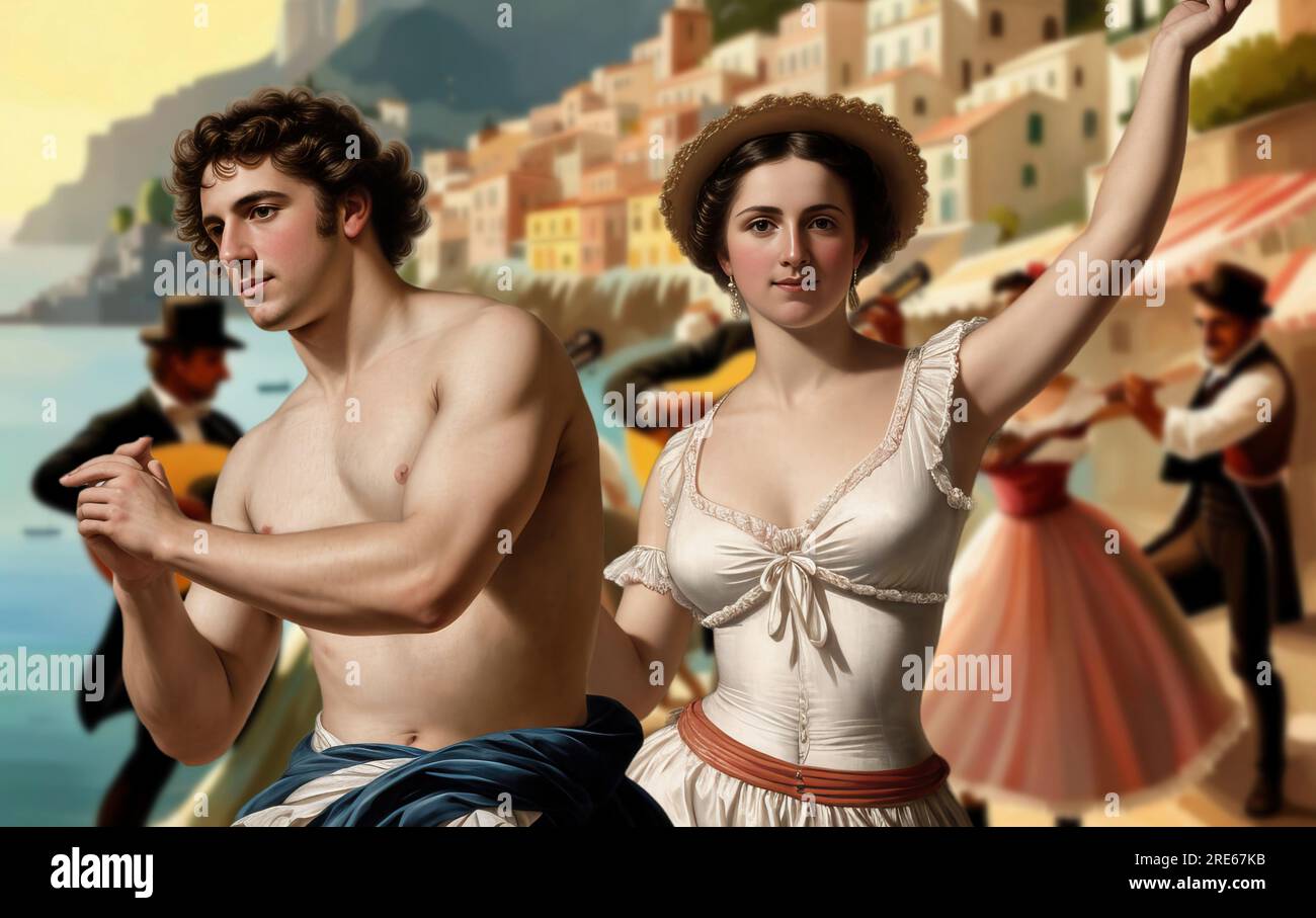 tarantella napolitaine avec le fond de la belle côte amalfitaine (environ 1800) Banque D'Images