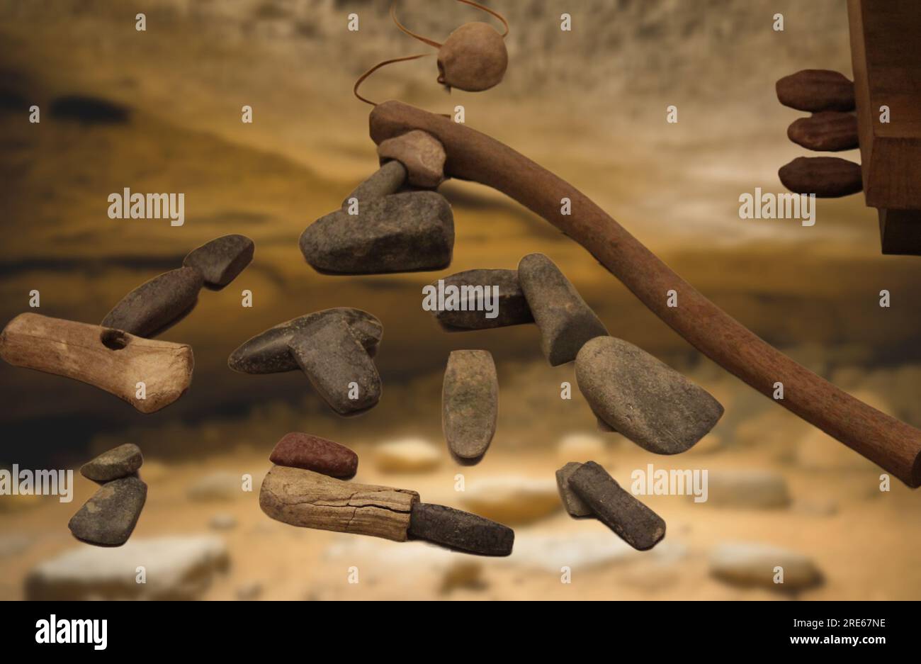 Art néolithique - armes et objets de chasse de divers musées datant de l'époque néolithique Banque D'Images