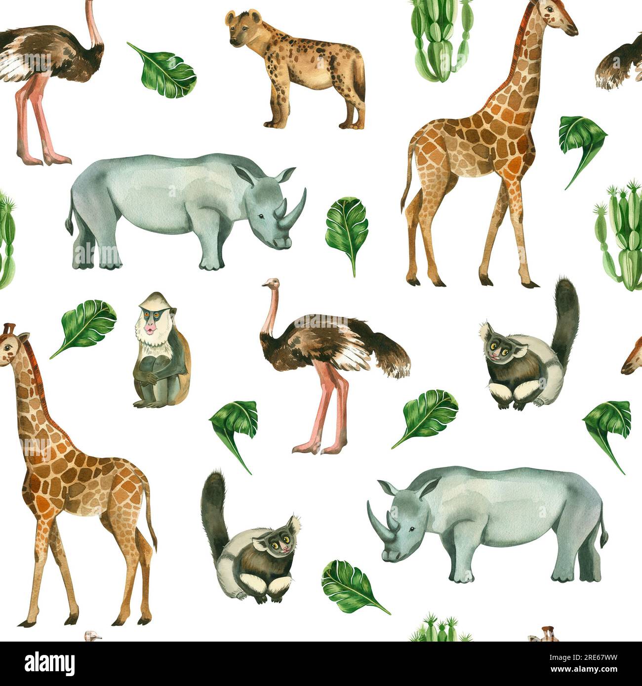 Motif sans couture. Animaux d'Afrique : girafe, rhinocéros, hyène tachetée, autruche, singes peints à l'aquarelle à la main. Convient pour l'impression sur tissu Banque D'Images