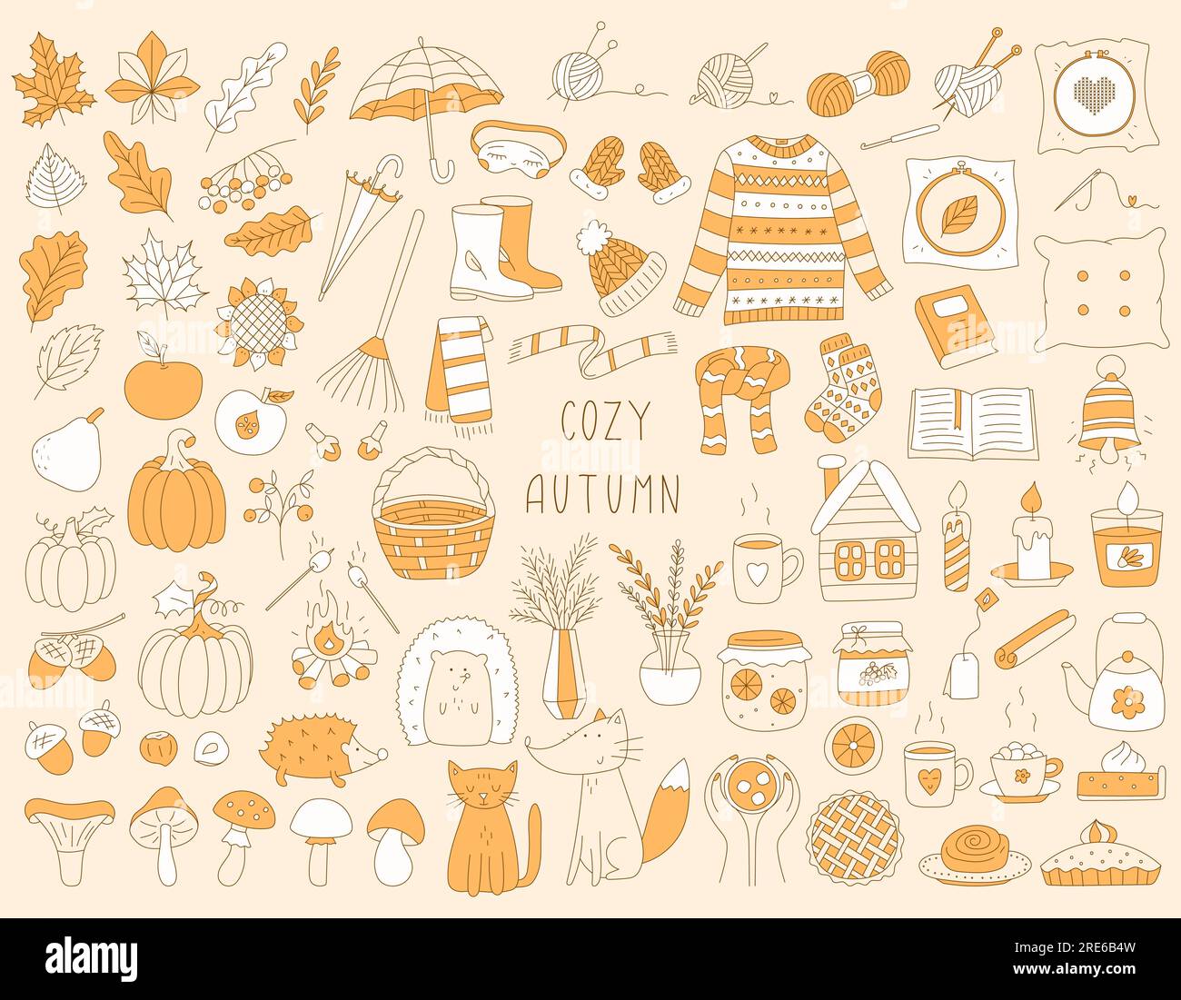 Ensemble d'éléments dessinés à la main symbolisant l'automne, le confort, la récolte. Objets de conception monochromes de couleur pour l'automne, design d'automne. Vêtements chauds, feuilles, chaud dr Illustration de Vecteur