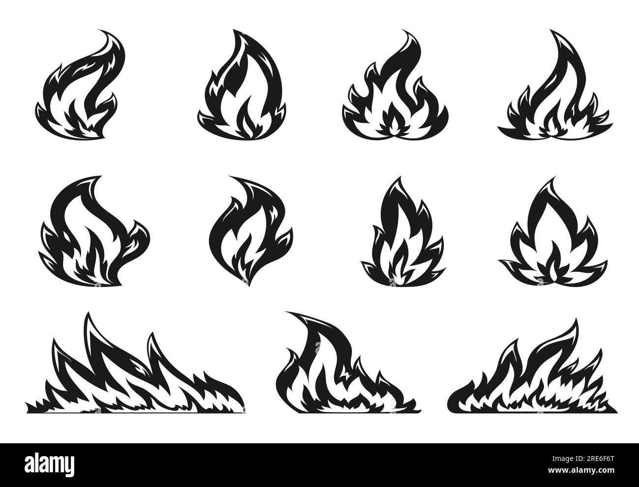 Ensemble d'icônes plates de feu de camp de dessin animé. Flamme chaude sur fond blanc. La chaleur enflammée fait feu de forêt et feu de joie, brûle des silhouettes noires puissantes. Émoticône de feu flamboyant de forme variée, timbre, pochoir Illustration de Vecteur