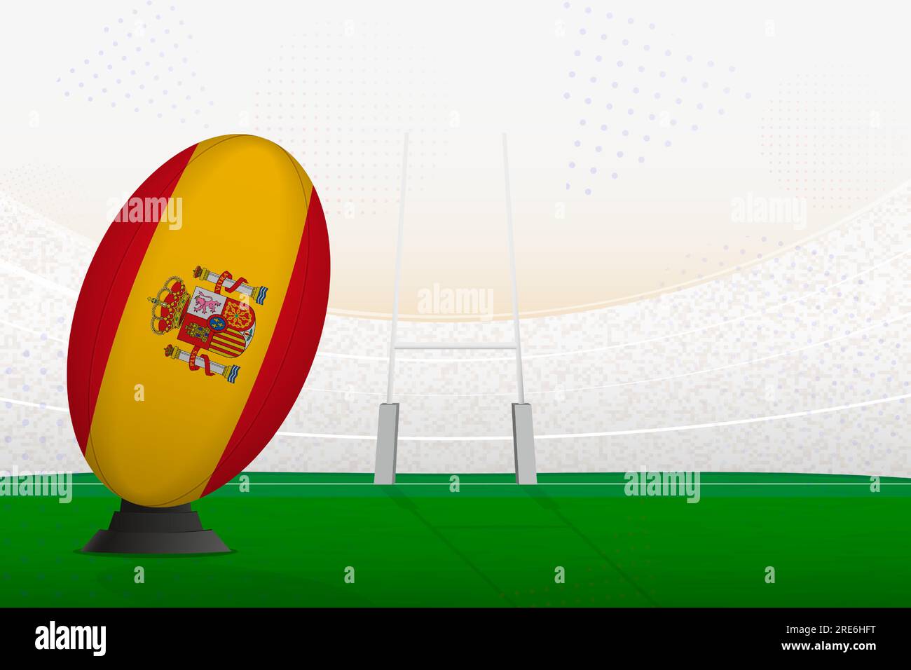 Ballon de rugby de l'équipe nationale d'Espagne sur le stade de rugby et les poteaux de but, se préparant à un penalty ou coup franc. Illustration vectorielle. Illustration de Vecteur