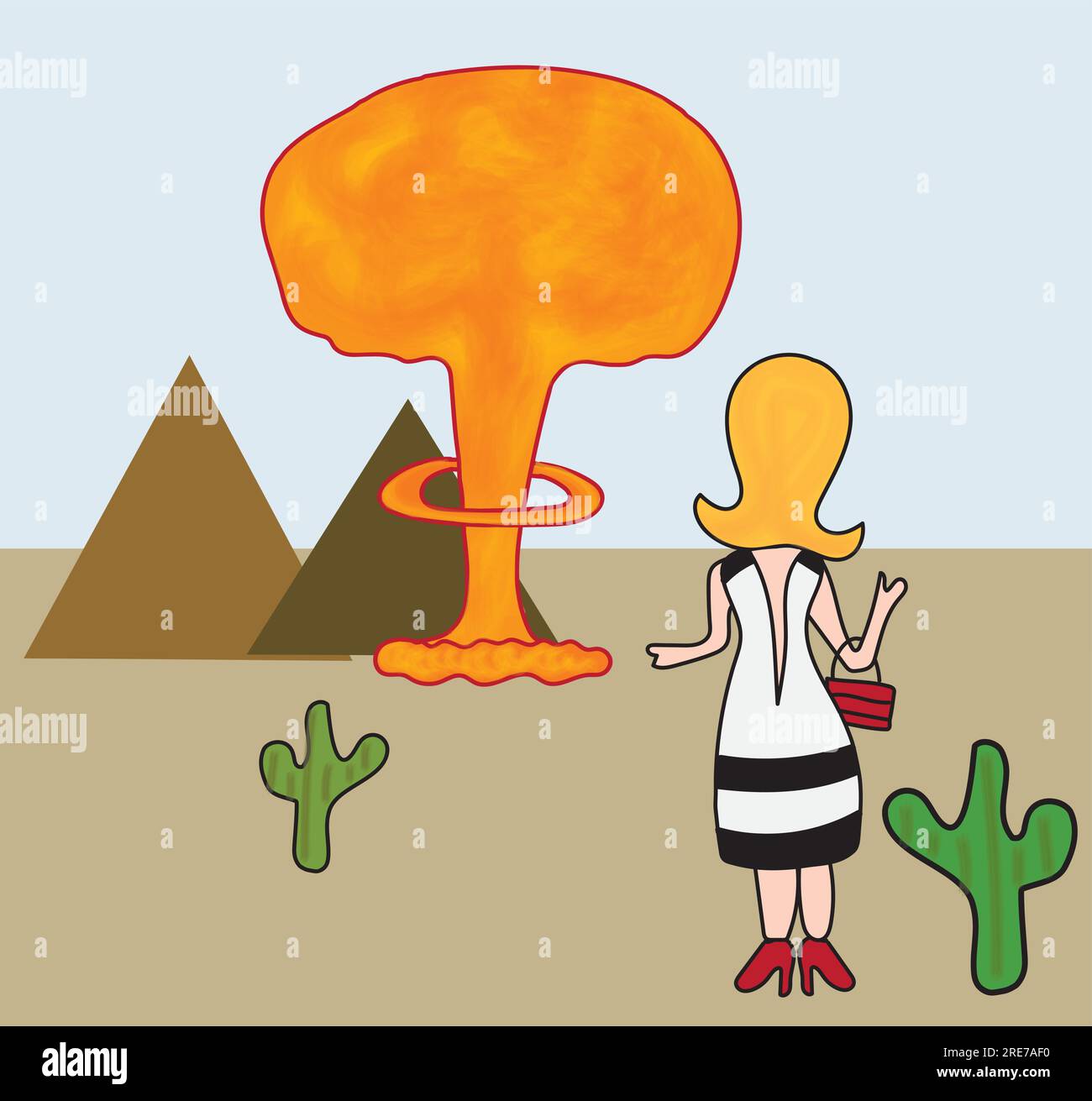 Femme blonde, de retour au premier plan, regardant une bombe atomique exploser dans le désert, site d'essais nucléaires de Los Alamos, nuage de champignons Illustration de Vecteur