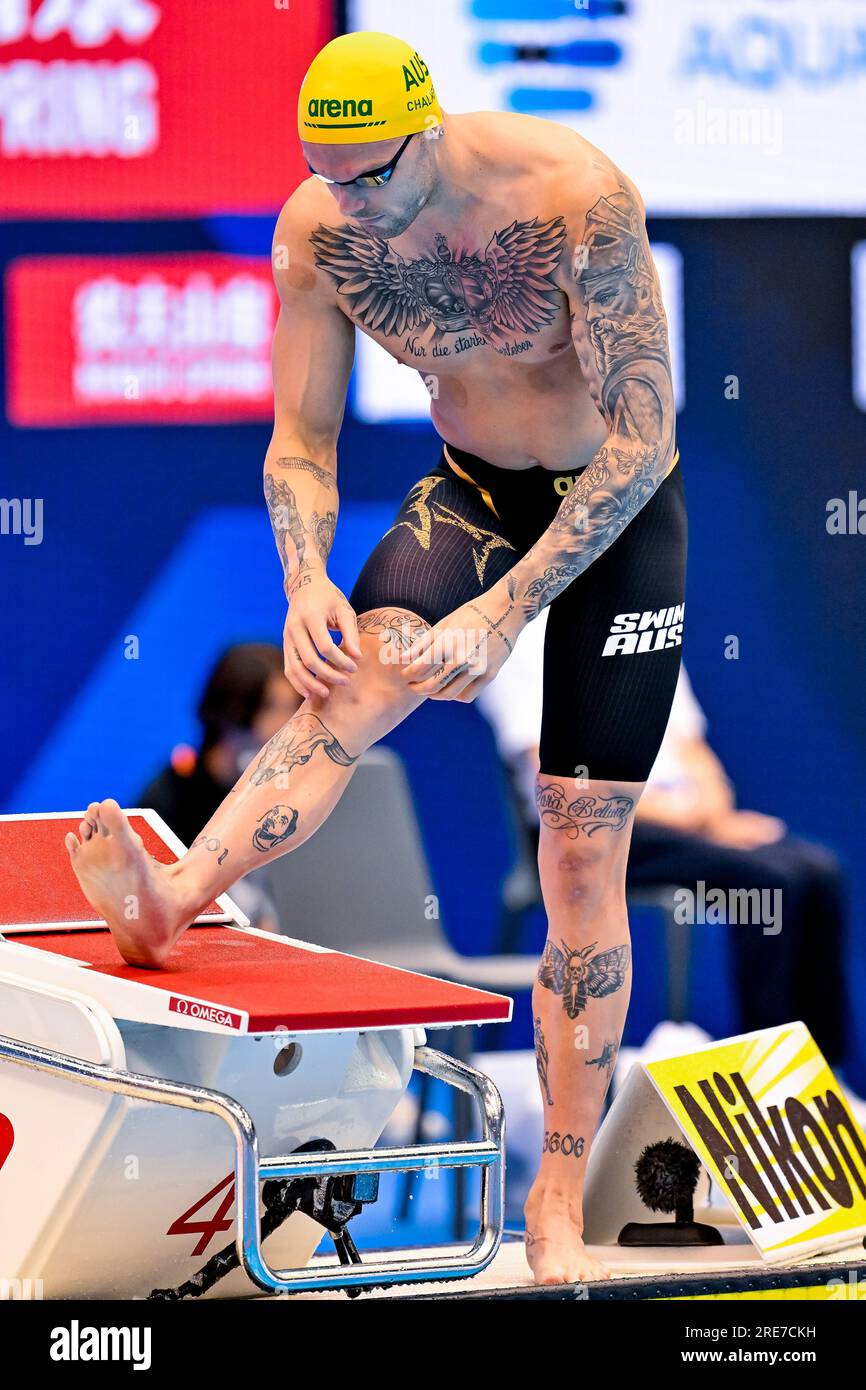Fukuoka, Japon. 26 juillet 2023. L’australien Kyle Chalmers se prépare à concourir dans les manches 100m Freestyle hommes lors des 20e Championnats du monde de natation au Marine Messe Hall A à Fukuoka (Japon), le 26 juillet 2023. Crédit : Insidefoto di andrea staccioli/Alamy Live News Banque D'Images