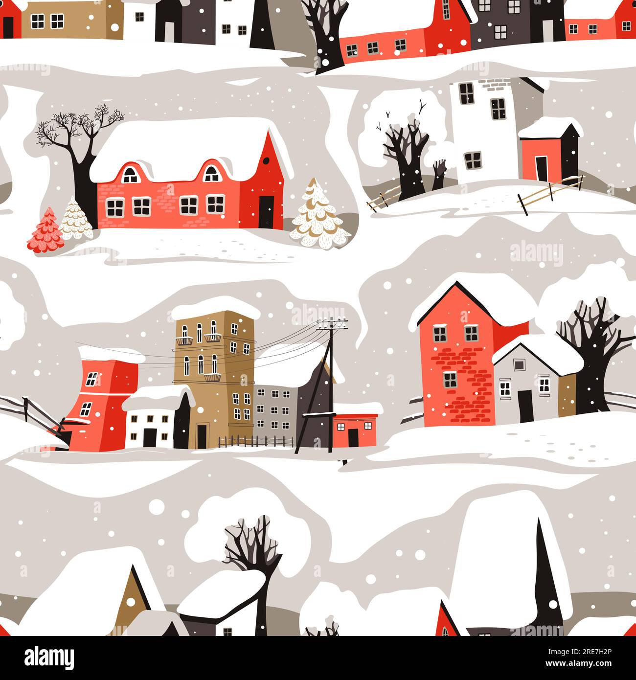 Paysage avec des maisons et des bâtiments, rues de ville d'hiver couvertes de neige. Chutes de neige et mauvaises conditions météorologiques en zone rurale ou petite ville. Sans couture Illustration de Vecteur