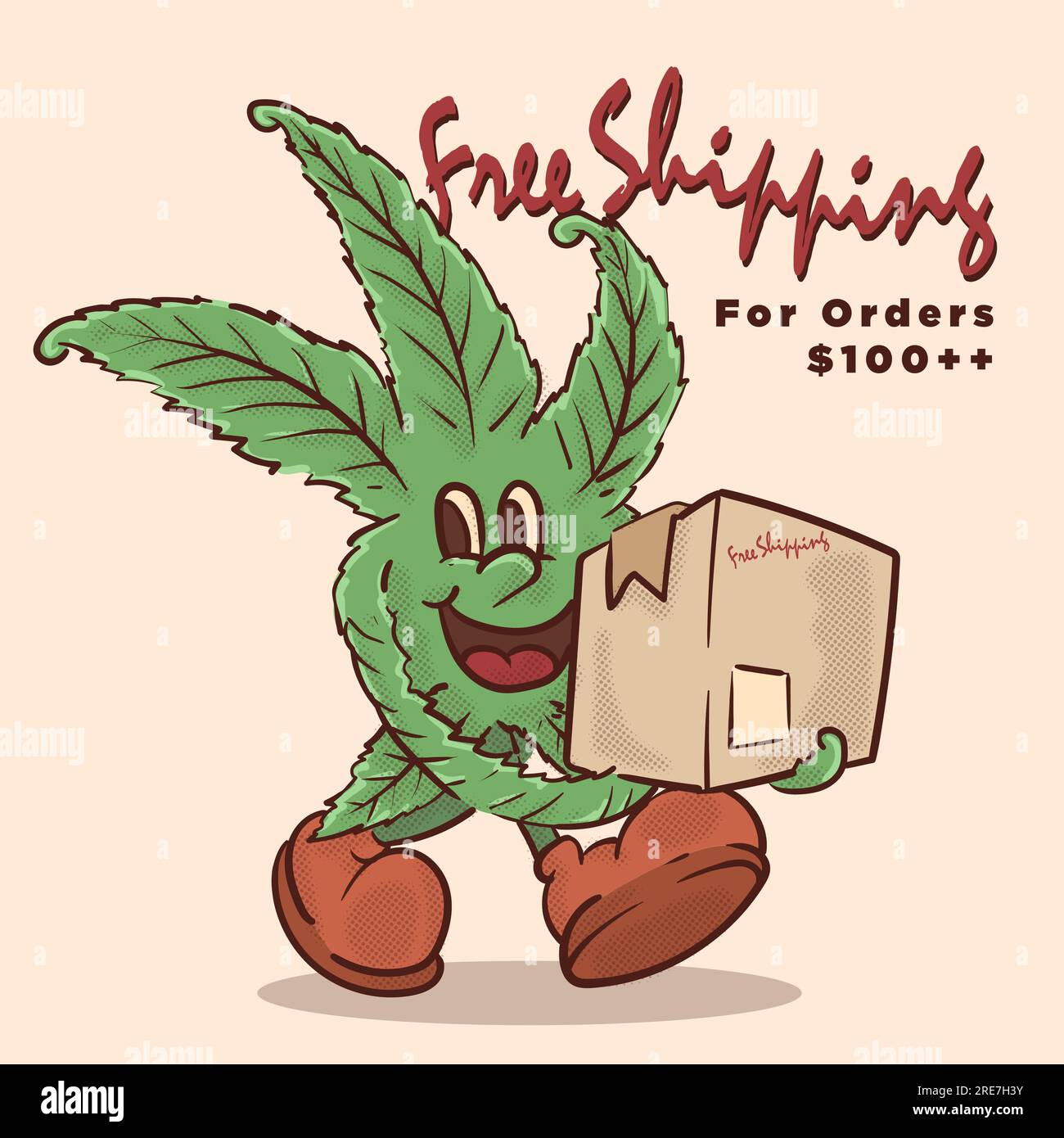 funky face weed tenant le paquet de livraison pour la mascotte rétro de livraison gratuite. illustration vectorielle de mascotte de style vintage de cannabis Illustration de Vecteur