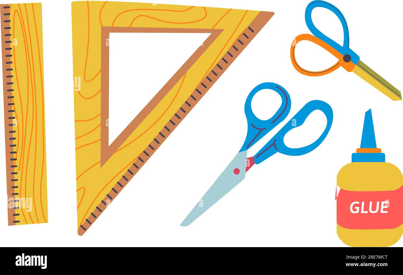 Assortiment de fournitures scolaires, règle géométrique isolée et ciseaux pour la coupe. Colle en bouteille et outils artisanaux pour les cours et les leçons. Fais-le voûte Illustration de Vecteur