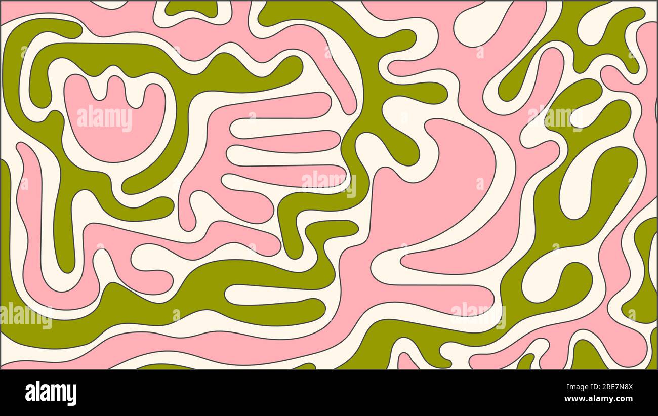 Fond floral liquide groovy. Motif rétro abstrait dans le style hippie. Formes et figures vectorielles vertes et roses. Papier peint esthétique vintage funky Illustration de Vecteur