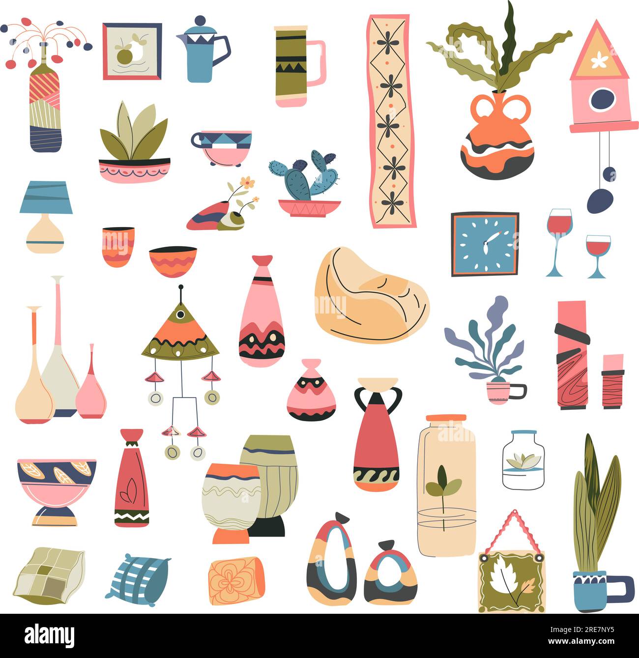 Ameublement et décoration de la maison, création de design d'intérieur avec des vases et des plantes d'intérieur, ustensiles de cuisine en céramique ou en porcelaine, cruches et fauteuils moelleux. CAN Illustration de Vecteur