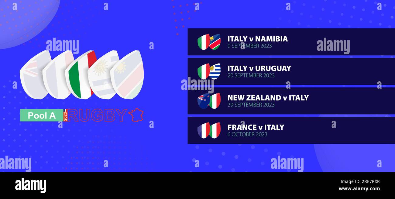 L'équipe nationale d'Italie de rugby programme des matchs en phase de groupes de la compétition internationale de rugby. Jeu de vecteurs. Illustration de Vecteur