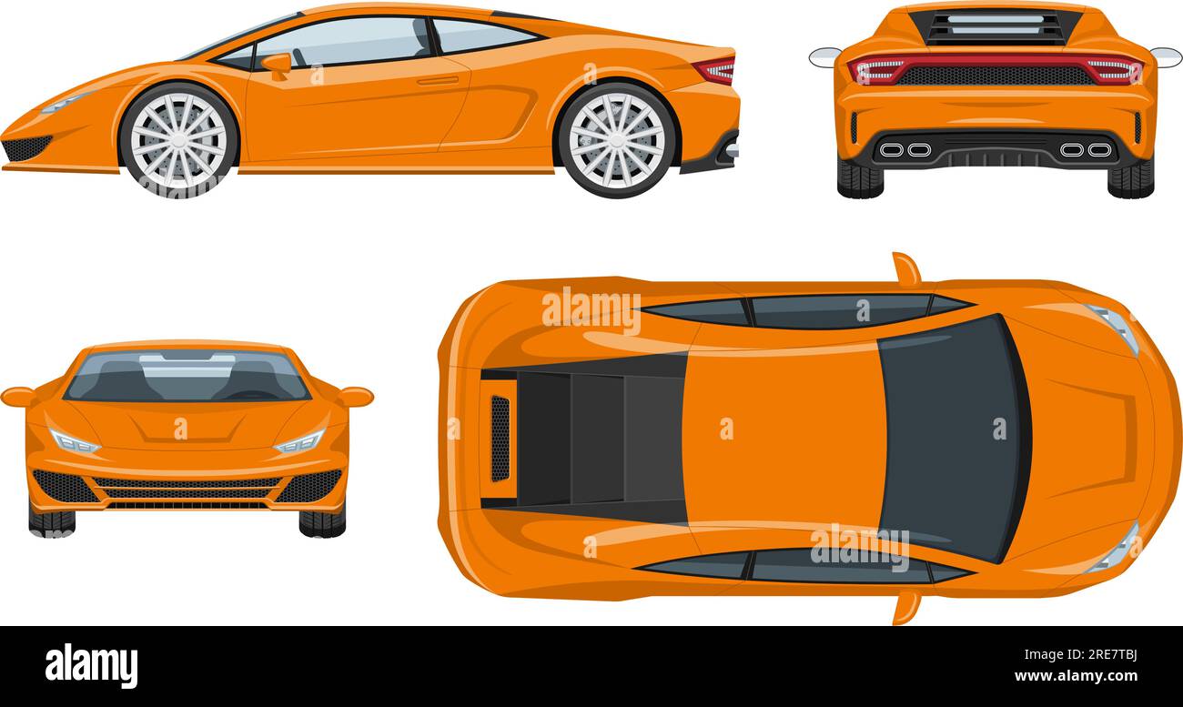 Modèle vectoriel de voiture de sport orange, couleurs simples sans dégradés et effets. Vue de côté, de face, de dos et de dessus Illustration de Vecteur