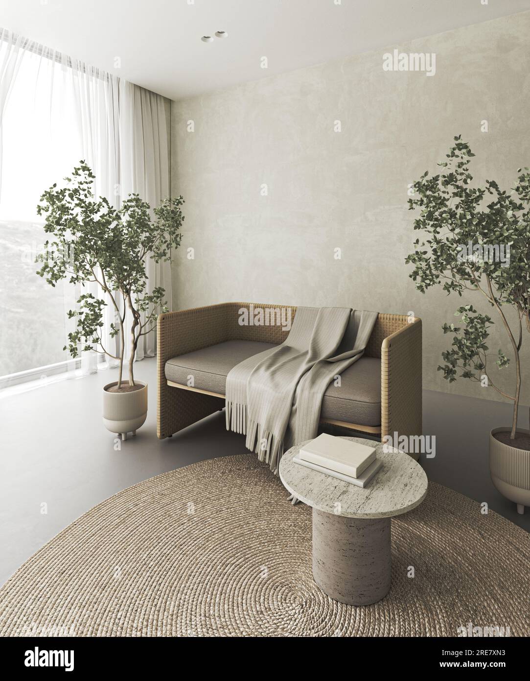 Salon intérieur conceptuel avec mur beige en stuc. Banc de composition créative avec table en pierre de couleur pastel. Maquette arrière-plan vide. 3d Banque D'Images