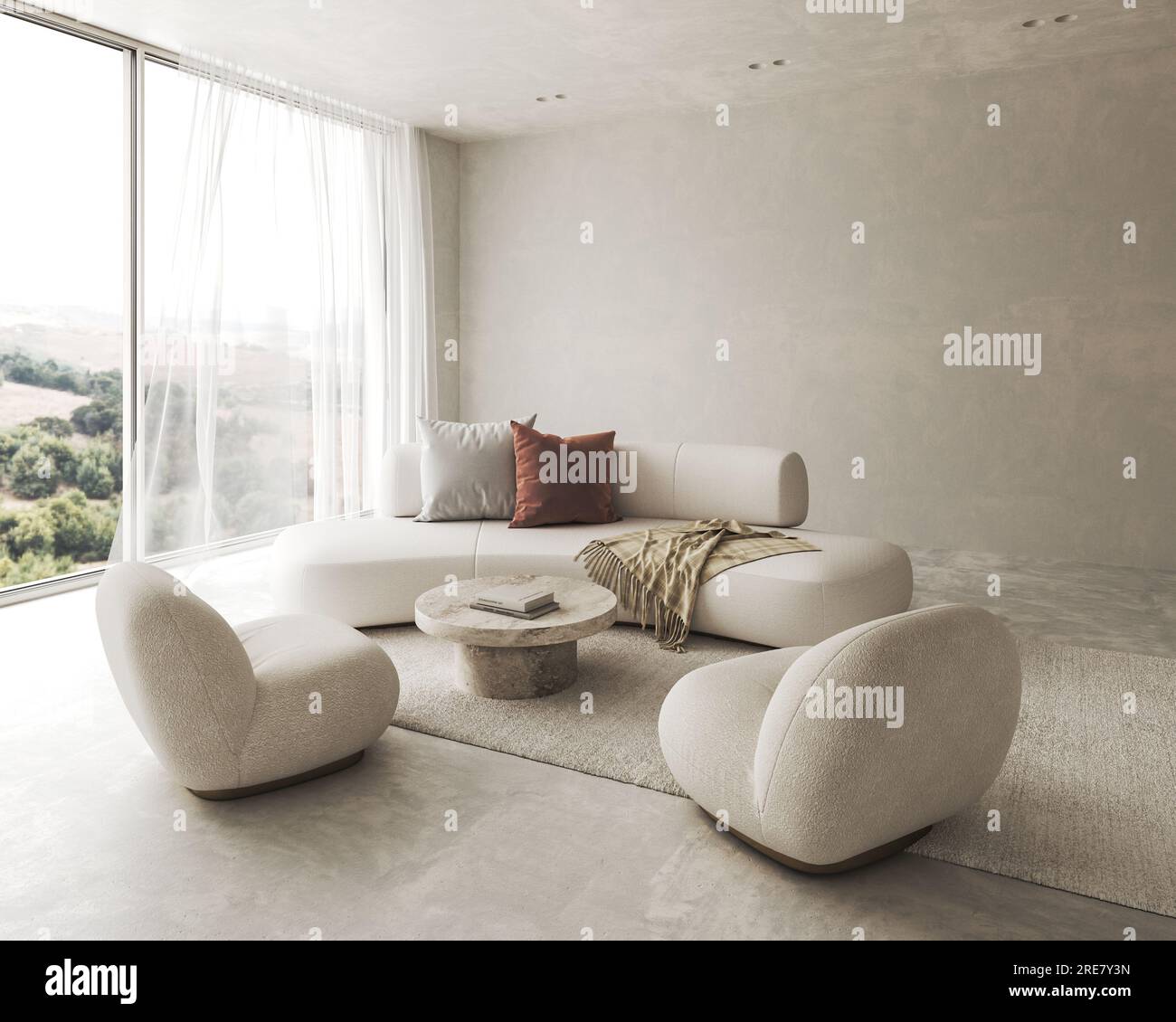 Salon intérieur conceptuel avec mur en stuc. Canapé de composition créative avec chaise et table en pierre de couleur pastel. Maquette arrière-plan vide. 3d Banque D'Images