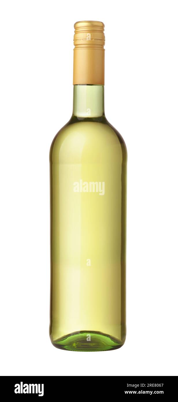 Vue de face de la bouteille de vin blanc sans étiquette avec bouchon à vis doré isolé sur blanc Banque D'Images