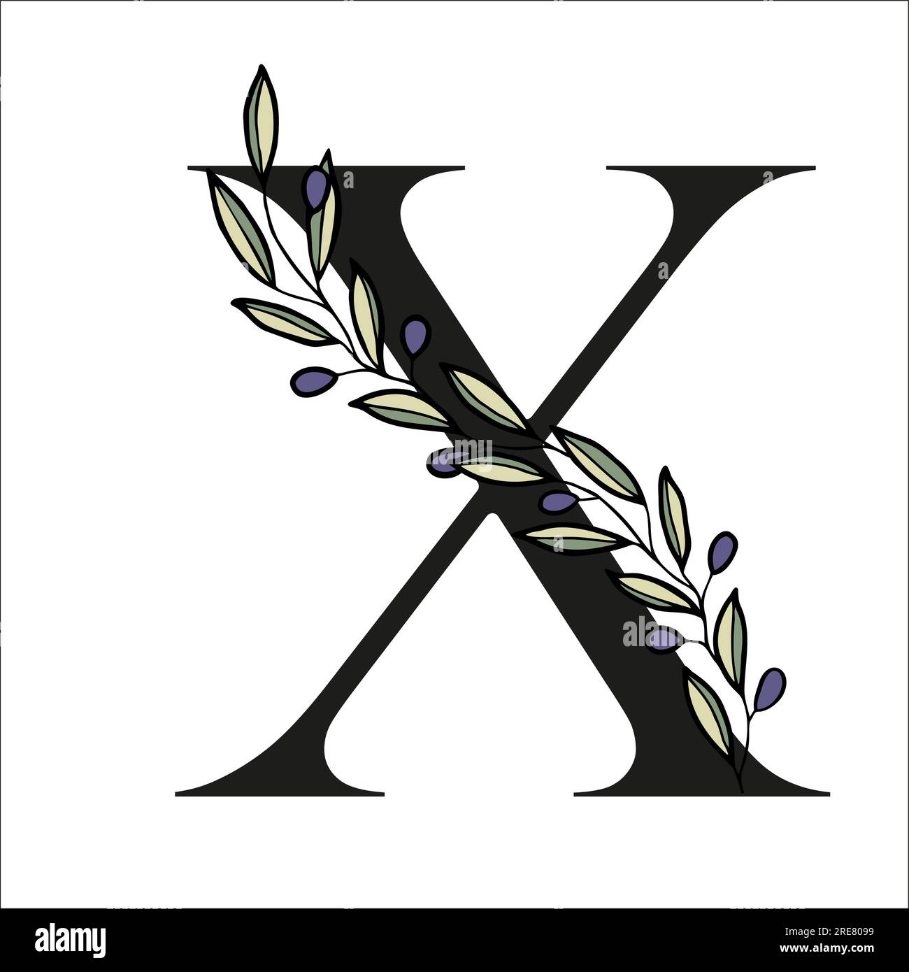 Lettre alphabet de branche d'olivier pour décor de carte ou invitation de mariage. Illustration dessinée à la main de vecteur pour la conception Illustration de Vecteur