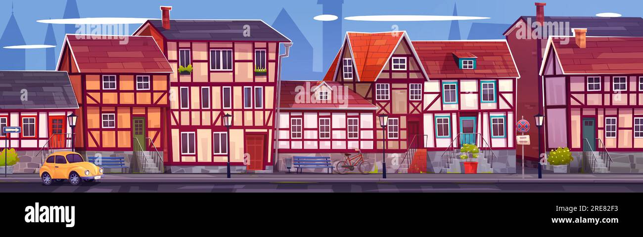 Vieille rue de la ville européenne avec des bâtiments traditionnels. Illustration vectorielle de dessin animé de quartier avec des maisons traditionnelles allemandes à colombages, voiture rétro jaune sur la route, vélo garé près du banc Illustration de Vecteur