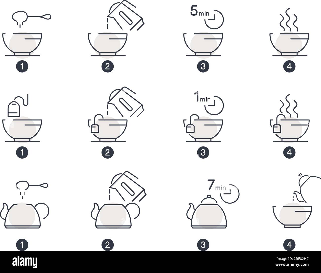 Boissons chaudes et boissons, instructions isolées ou conseils sur la façon de préparer du thé ou du café savoureux. Tasses avec bouilloire et théière. Cuisson et ébullition, pictogramme Illustration de Vecteur