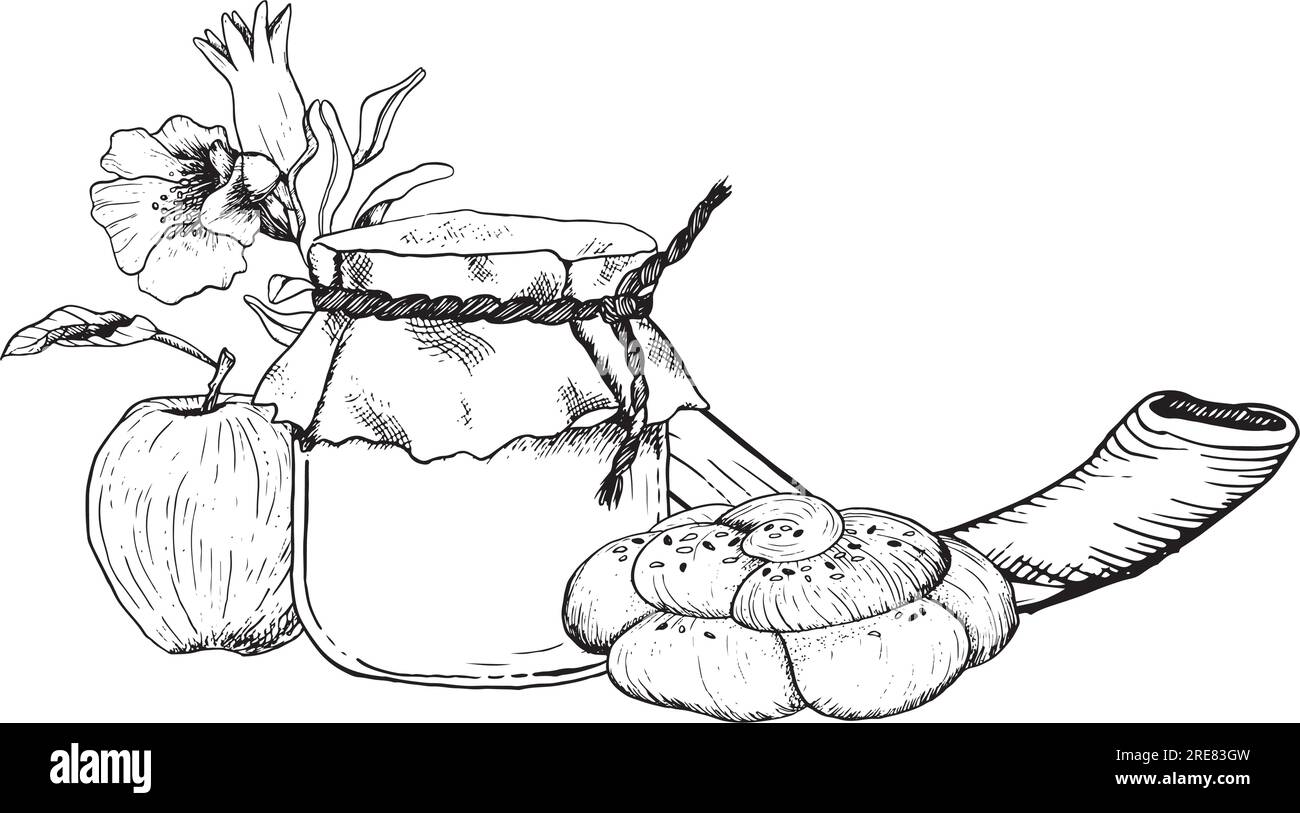 Shana Tova Rosh Hashanah symboles bannière de salutation horizontale avec pot de miel, shofar, challah, illustration vectorielle de pomme Illustration de Vecteur