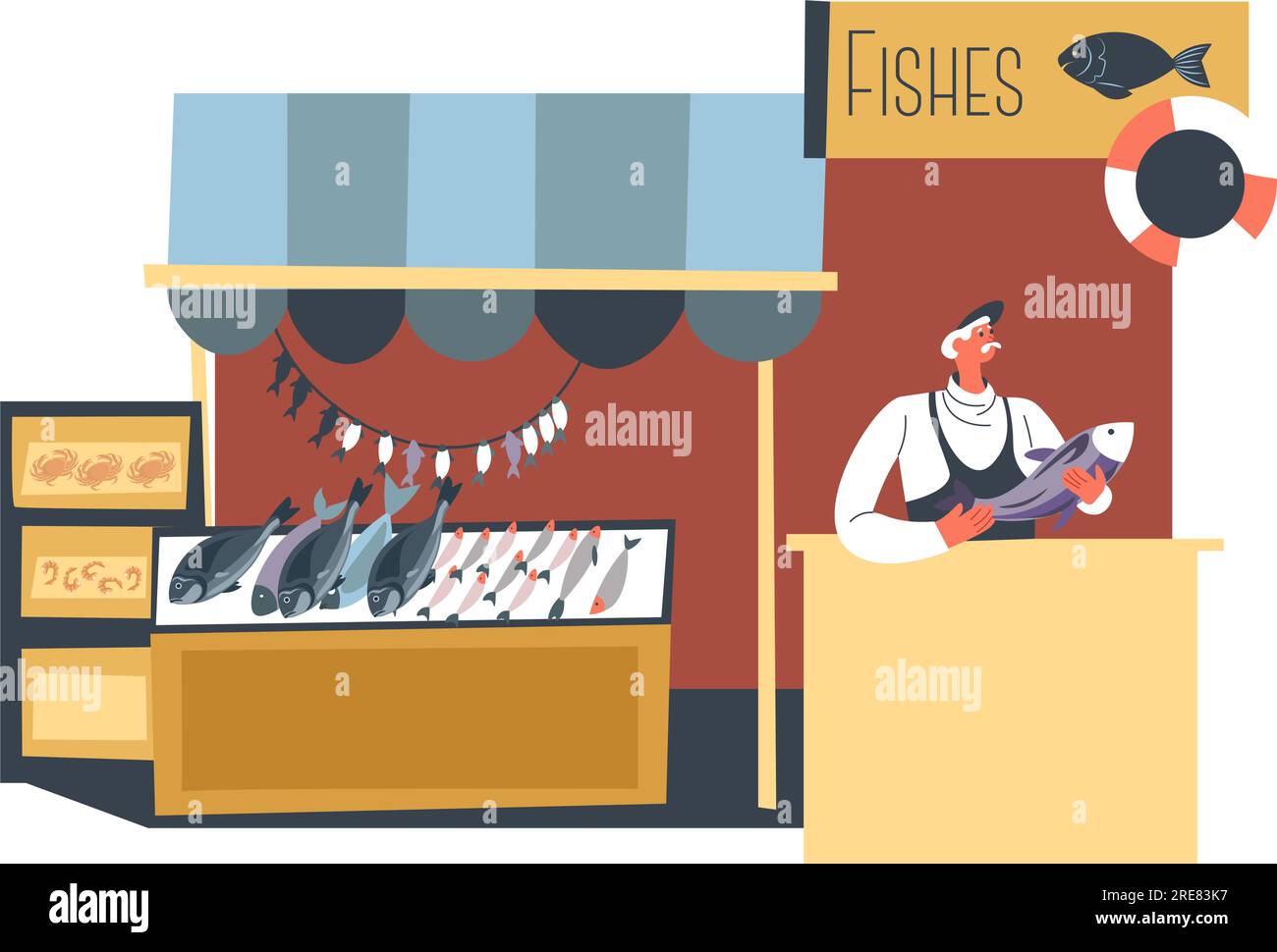 Stalle avec vendeur et assortiment de produits de poisson surgelés. Magasin isolé ou magasin avec des ingrédients pour cuisiner et préparer des plats alimentaires. Océan et mer Illustration de Vecteur