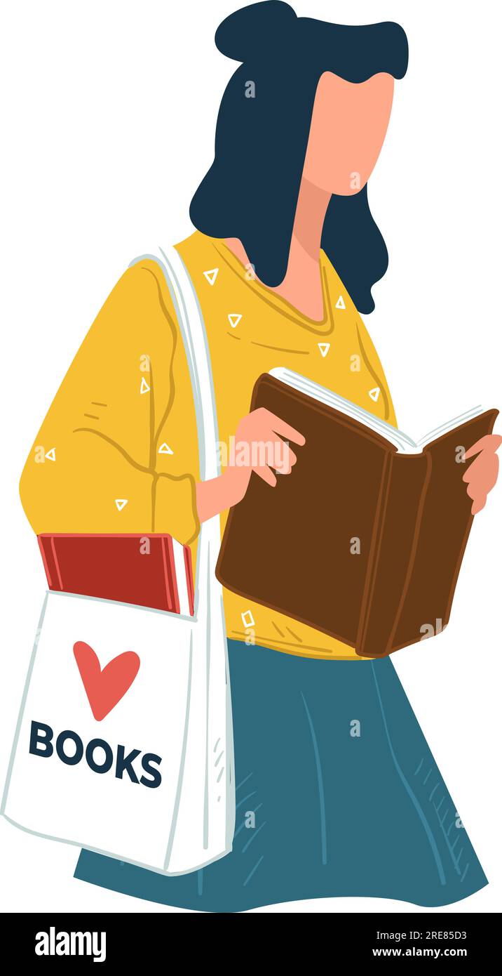 Livre de lecture de personnage féminin, vers de livres avec publication dans les mains, étudiant se préparant à l'examen ou adulte appréciant l'écriture littéraire ou scientifique. Femme Illustration de Vecteur