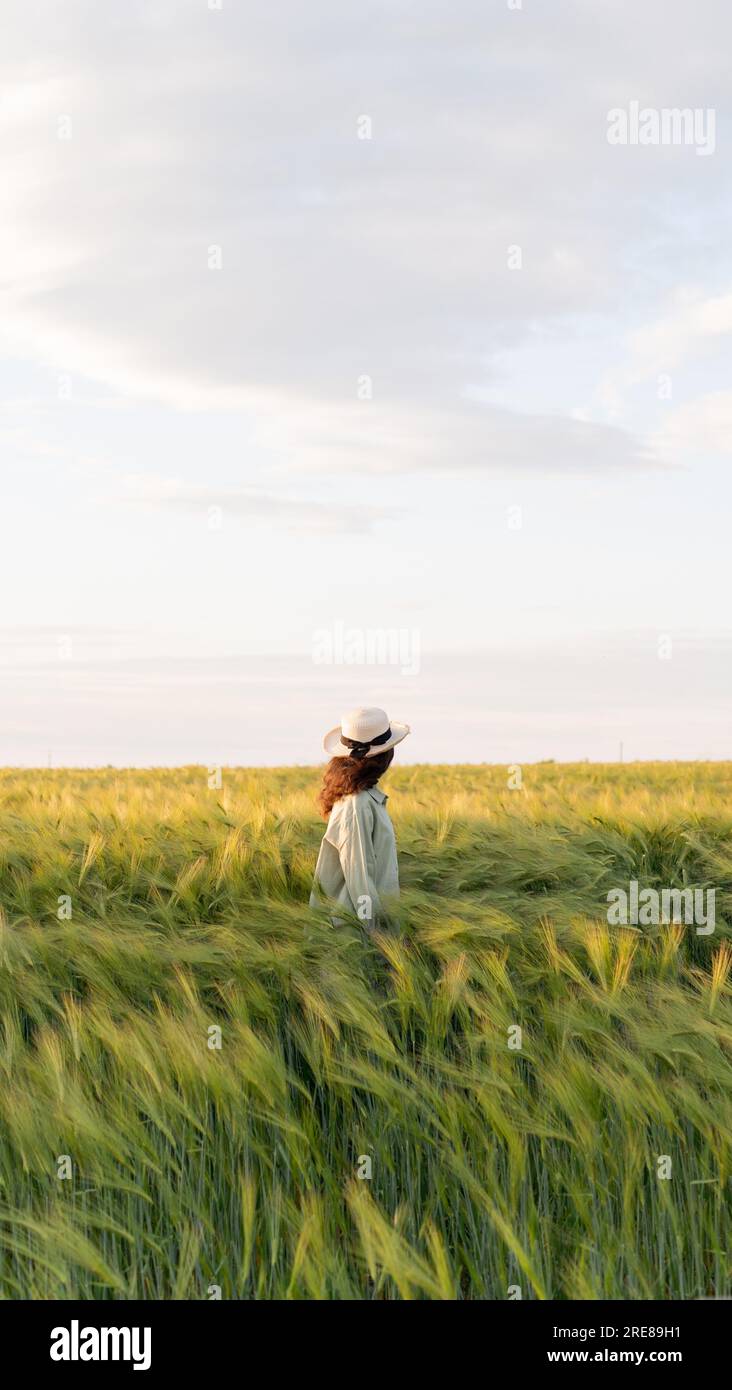 Femme élégante avec chapeau debout dans le champ d'avoine dans la lumière du coucher du soleil. Moment de tranquillité atmosphérique. Banque D'Images