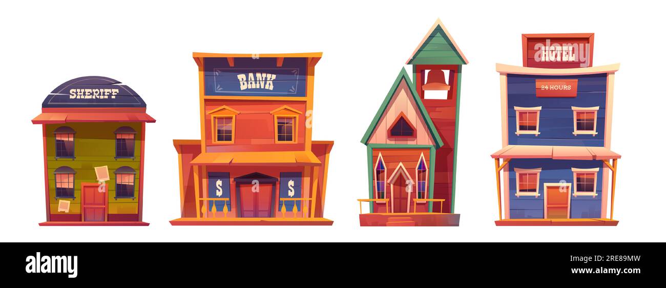 Ensemble de bâtiments sauvages de l'ouest. Église, salon, banque, shérif et hôtel architecture occidentale traditionnelle en bois isolé sur fond blanc. Extérieur de la maison, conception de style cow-boy, clip art vectoriel Cartoon Illustration de Vecteur