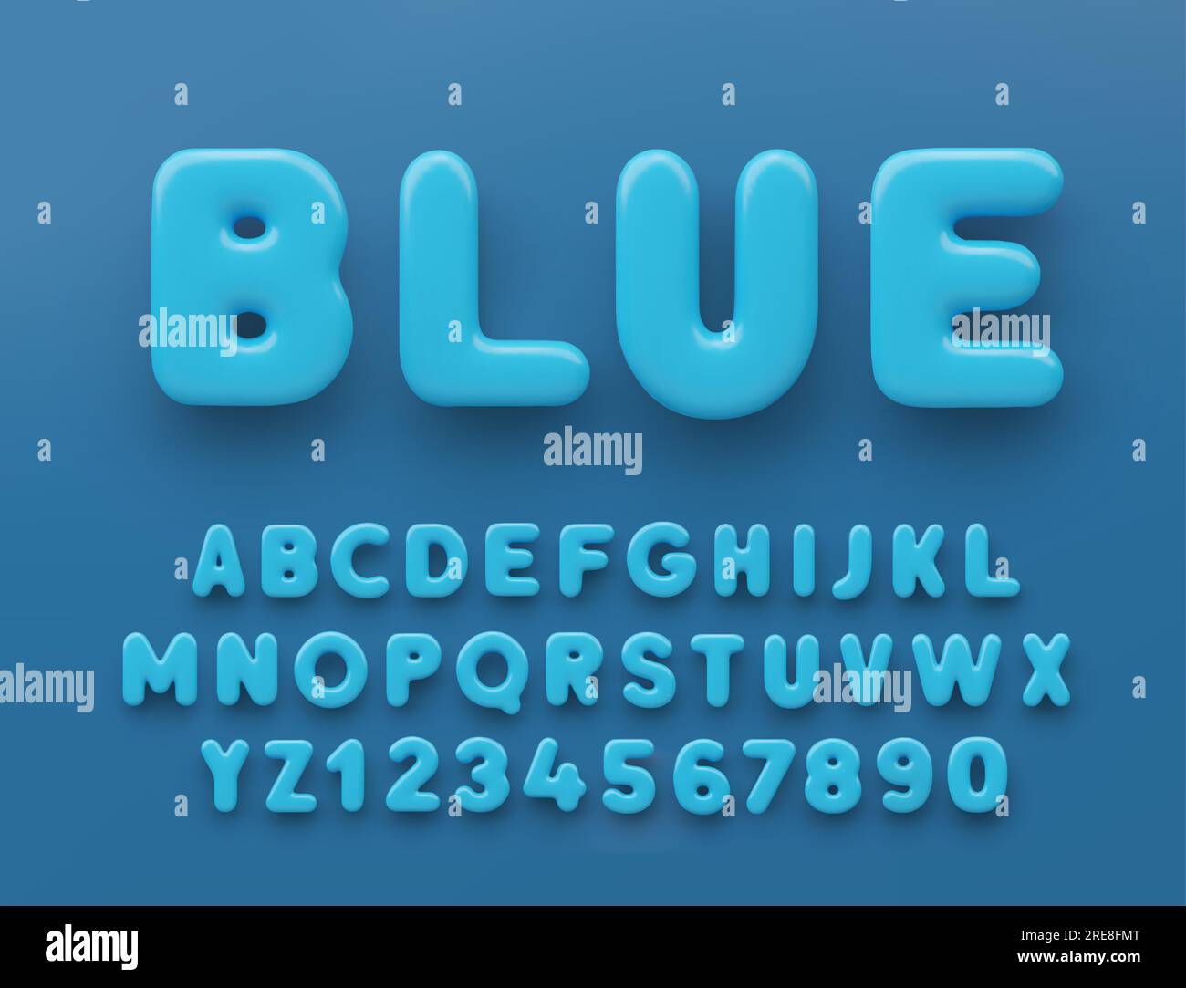 Alphabet bleu 3D avec des chiffres avec une surface brillante sur un fond bleu Illustration de Vecteur