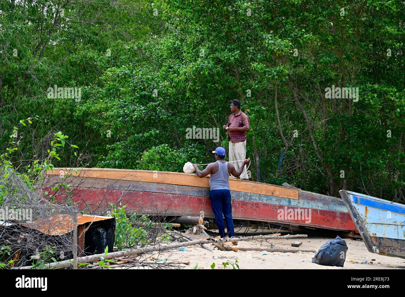 Près d'une rivière et entouré de verdure deux charpentiers du village de Ponoma au Suriname renouvellent le fond d'un bateau en bois Banque D'Images