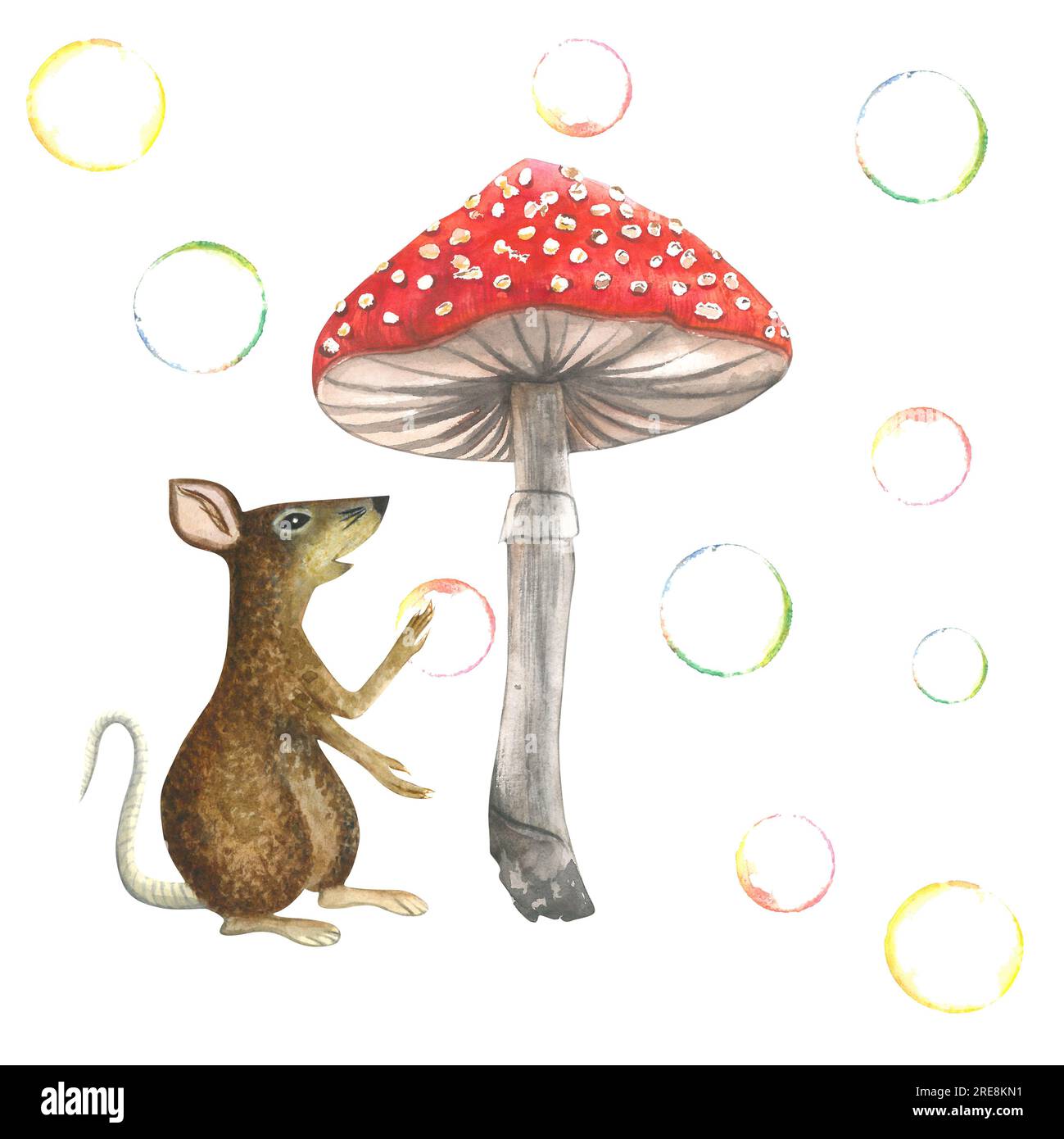 Illustration à l'aquarelle d'une souris, agarique de mouche et bulles de savon, composition isolée sur fond blanc Banque D'Images