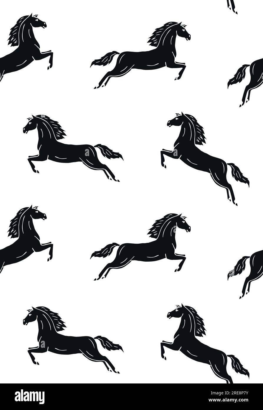 Vector Seamless motif de croquis dessiné à la main cheval de dressage noir sautant isolé sur fond blanc Illustration de Vecteur