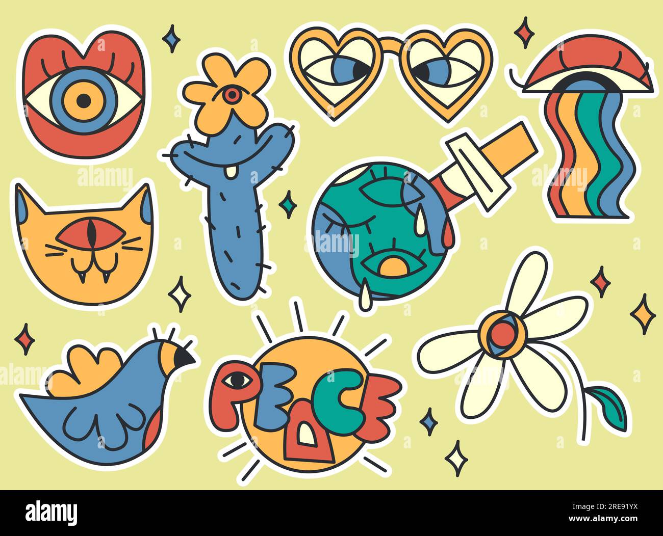 Autocollants paisibles dans un style groovy rétro Illustration de Vecteur