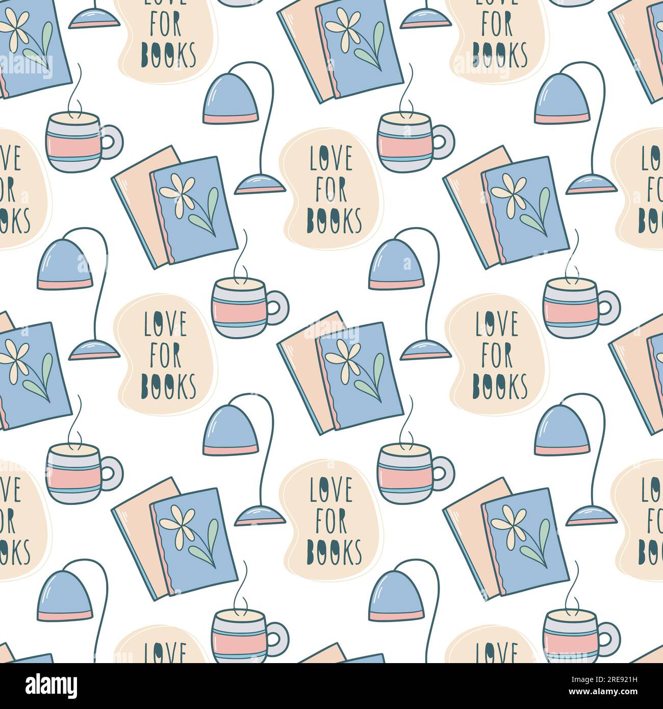 Lecture de livres modèle sans couture. Fond avec livres, tasse et lampe de table. Amour pour l'impression de livres pour librairie, emballage, papier peint et design, vecteur Illustration de Vecteur