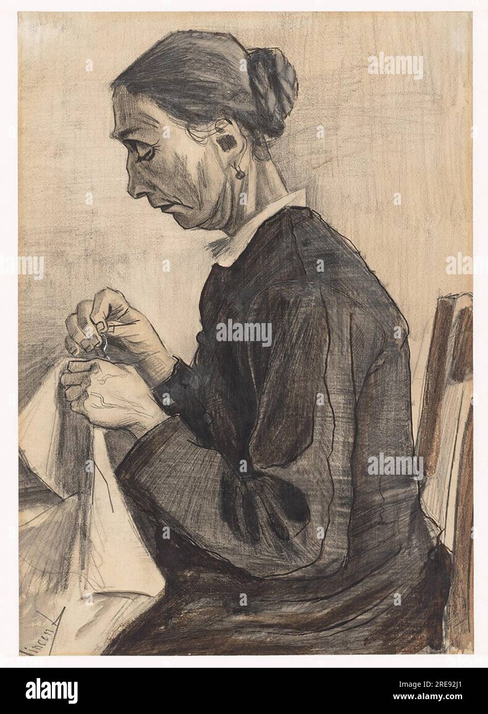 Titre : la couturière artiste : Vincent van Gogh Date : c. 1881-1882 support:crayon et craie noire, trébuché, pinceau et peinture noire, pinceau et encre brune (irongall), gris lavis, rehaussé de couleur blanche Dimensions : 53,2 x 37,6 cm lieu : Musée Boijmans Van Beuningen, Rotterdam, pays-Bas Banque D'Images
