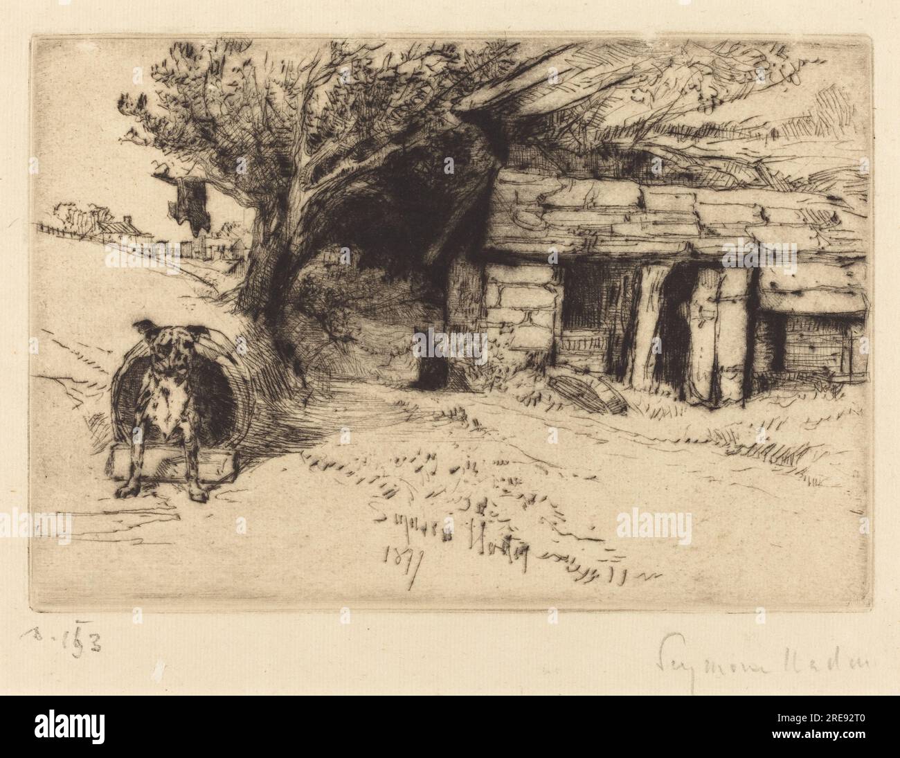 Francis Seymour Haden, The Cabin, 1877, pointe sèche en noir sur papier posé, plaque : 14 x 20,4 cm (5 1/2 x 8 1/16 po.) Feuille : 20,5 x 31,6 cm (8 1/16 x 12 7/16 po), cadeau de Mme Robert A. Hauslohner, 1991.116.43' Banque D'Images