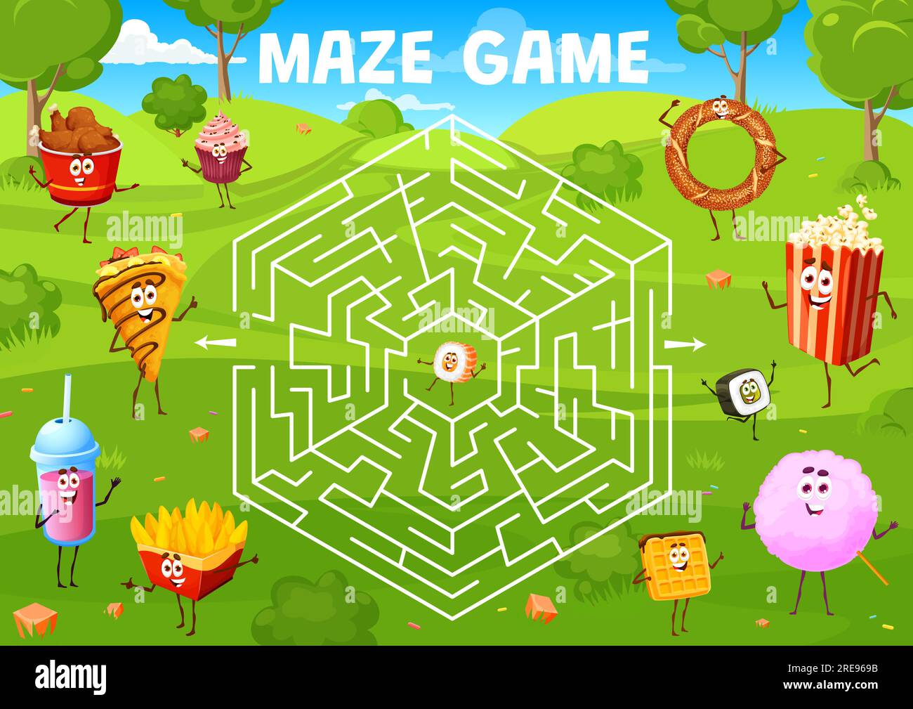 Labyrinthe labyrinthe jeu de dessin animé fast-food et desserts personnages. Feuille de calcul vectorielle pour enfants avec pilons de poulet, cupcake, crêpe et cocktail. Côtelettes de pommes de terre, gaufres, pop corn ou bagel aident à trouver la sortie Illustration de Vecteur