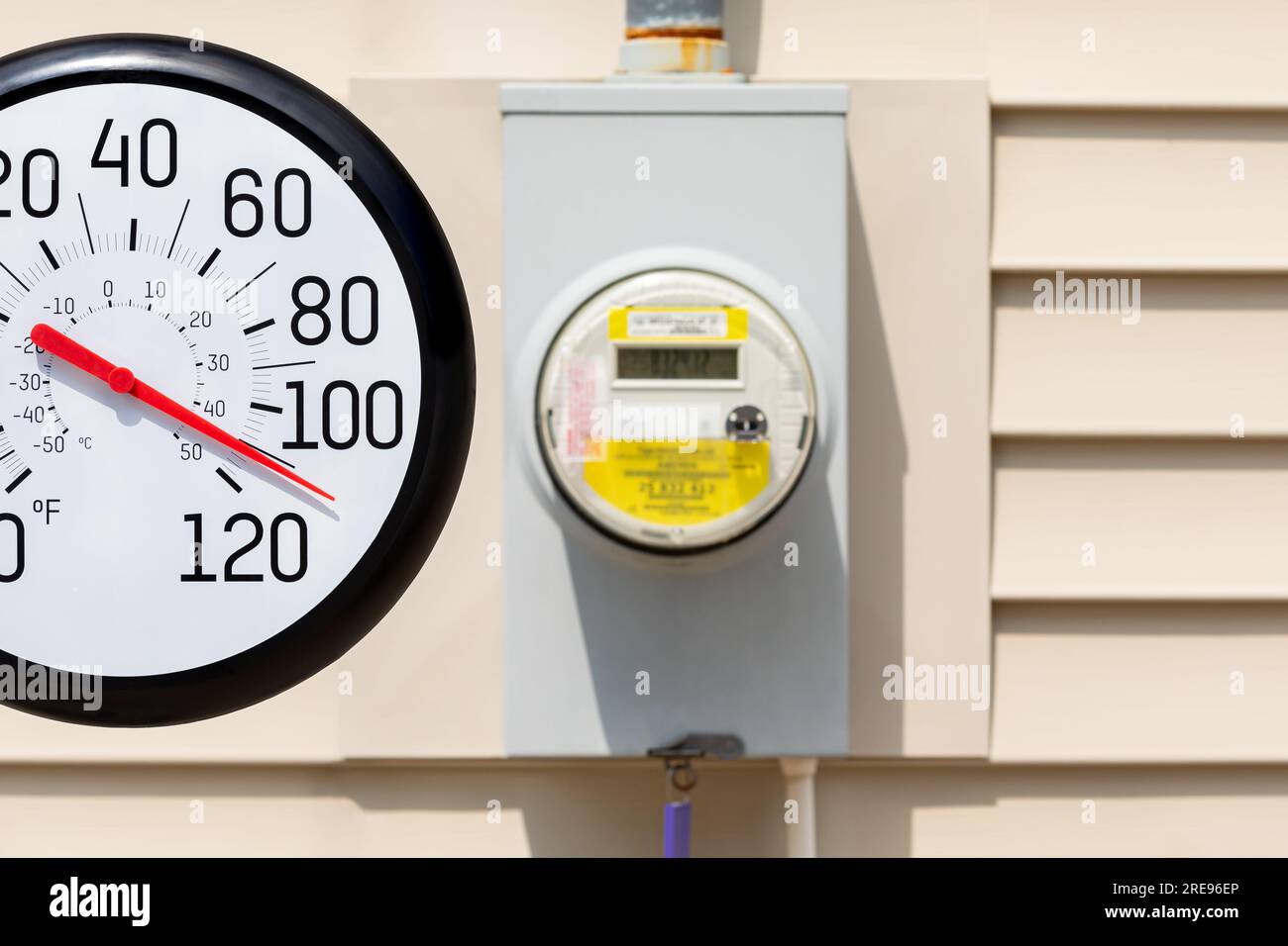 Thermomètre extérieur avec compteur électrique au soleil pendant la canicule. Concept de temps chaud, d'économies d'énergie et de coûts de facture de services publics. Banque D'Images