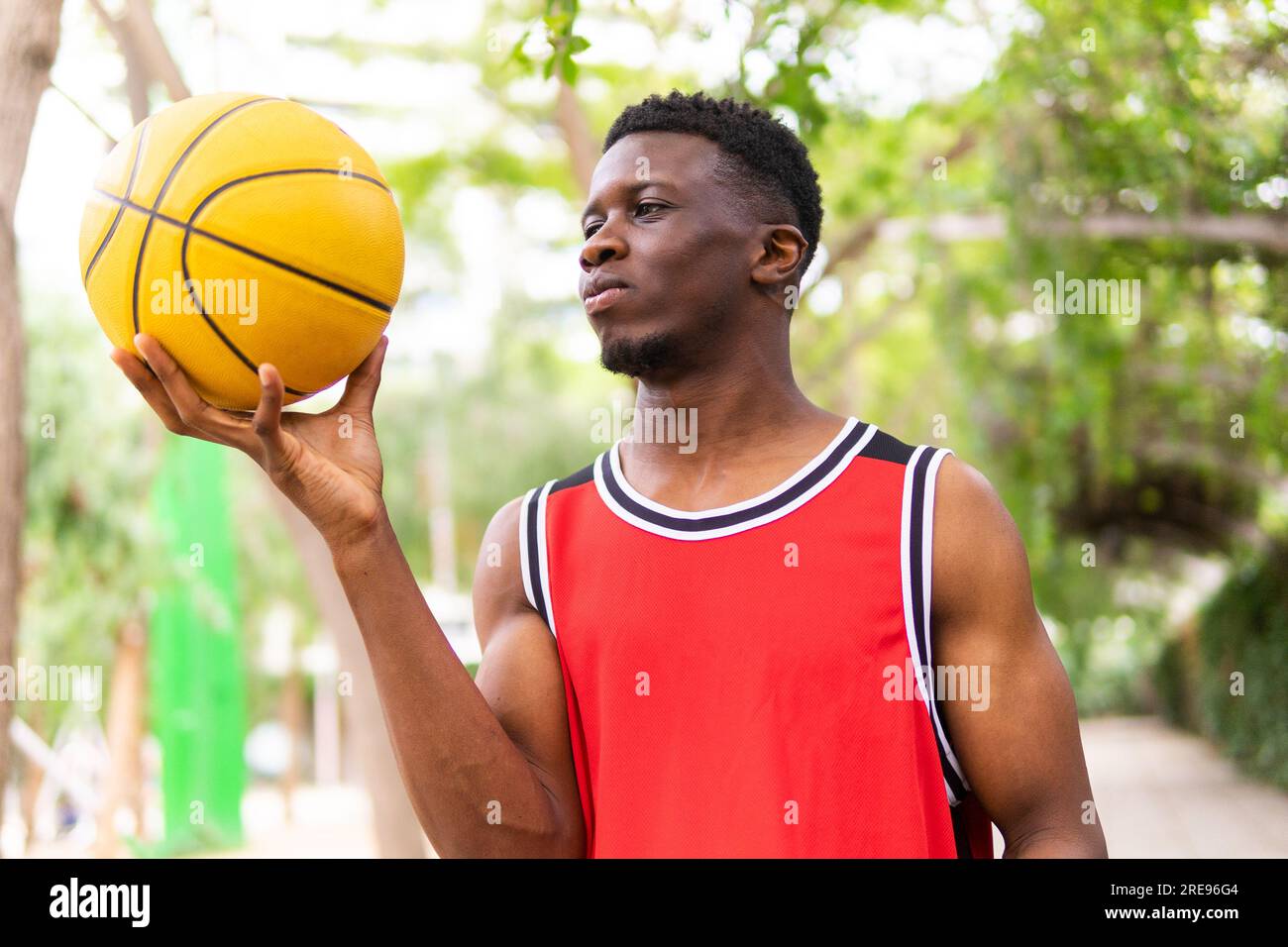 Portrait d'un jeune sportif afro-américain confiant en vêtements actifs tenant le basket-ball tout en le regardant près d'arbres brouillés Banque D'Images