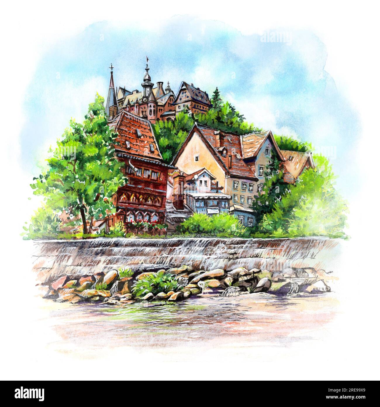 Croquis à l'aquarelle de Marburg et de la rivière Lahn, Allemagne Banque D'Images