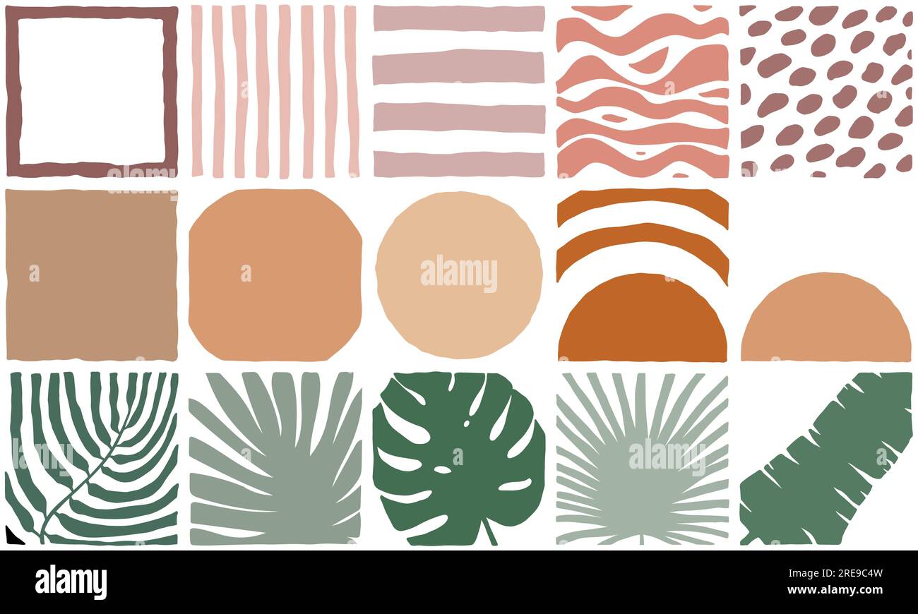 Motif carrelé beige sans couture. Plante exotique dessinée à la main, feuilles tropicales, vagues, rayures, soleil, décor de fond à pois. Vecteur Boho vert jungle illustrat Illustration de Vecteur