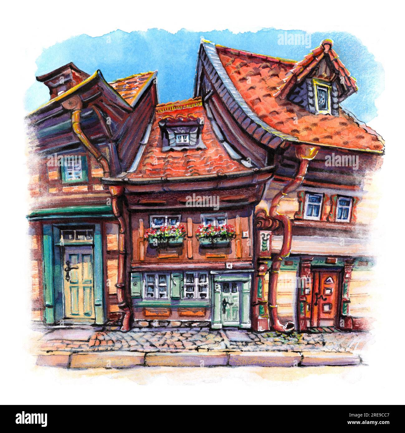 Croquis à l'aquarelle de vieilles maisons pittoresques à Wernigerode , Allemagne Banque D'Images