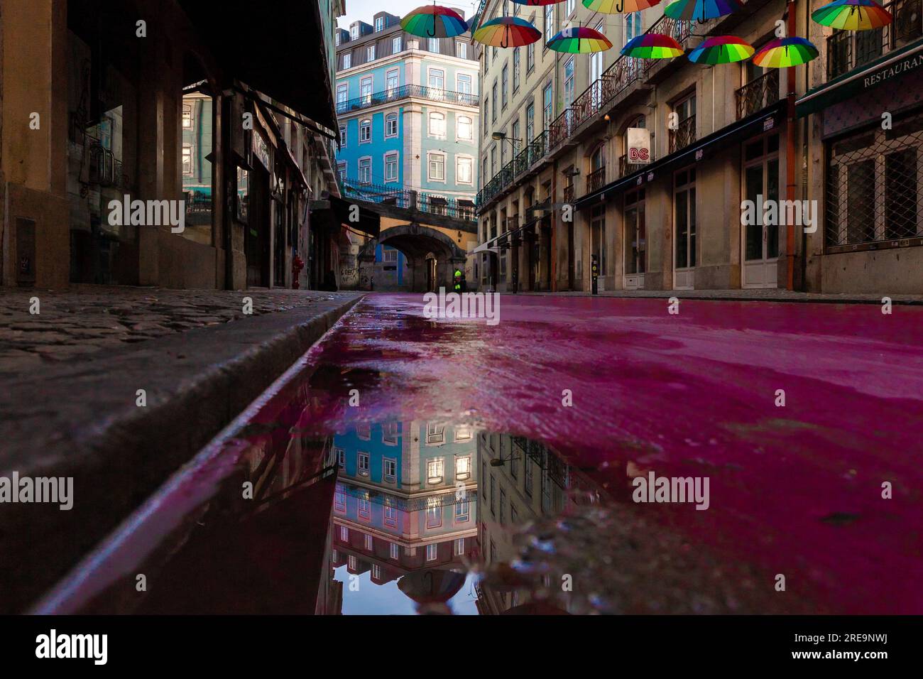 R. Nova do Carvalho Purple Street avec parapluies. Quartier du Chiado, quartier des fêtes, à Lisbonne, Portugal. les gens vides, belle vieille rue avec histor Banque D'Images