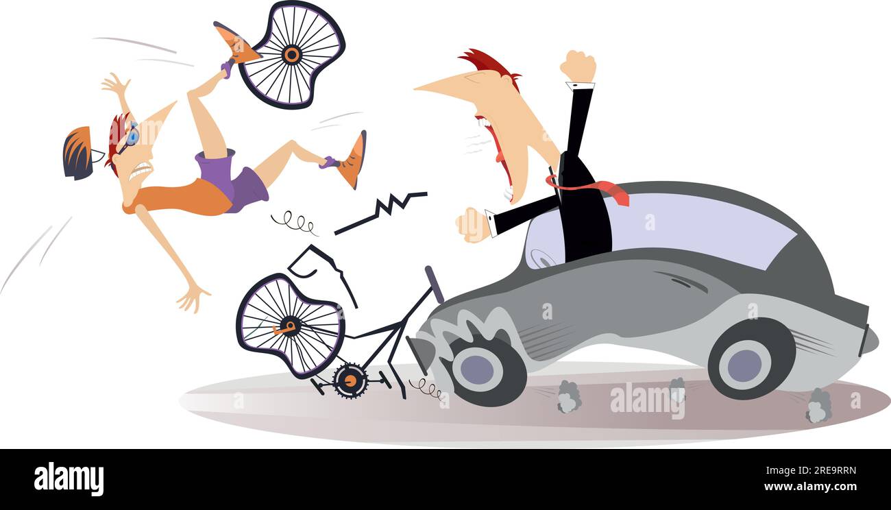 Accident de la route. Accident de vélo - collisions avec la voiture. Automobile abattant l'homme roulant sur le vélo. Collision routière avec cycliste impliqué Illustration de Vecteur