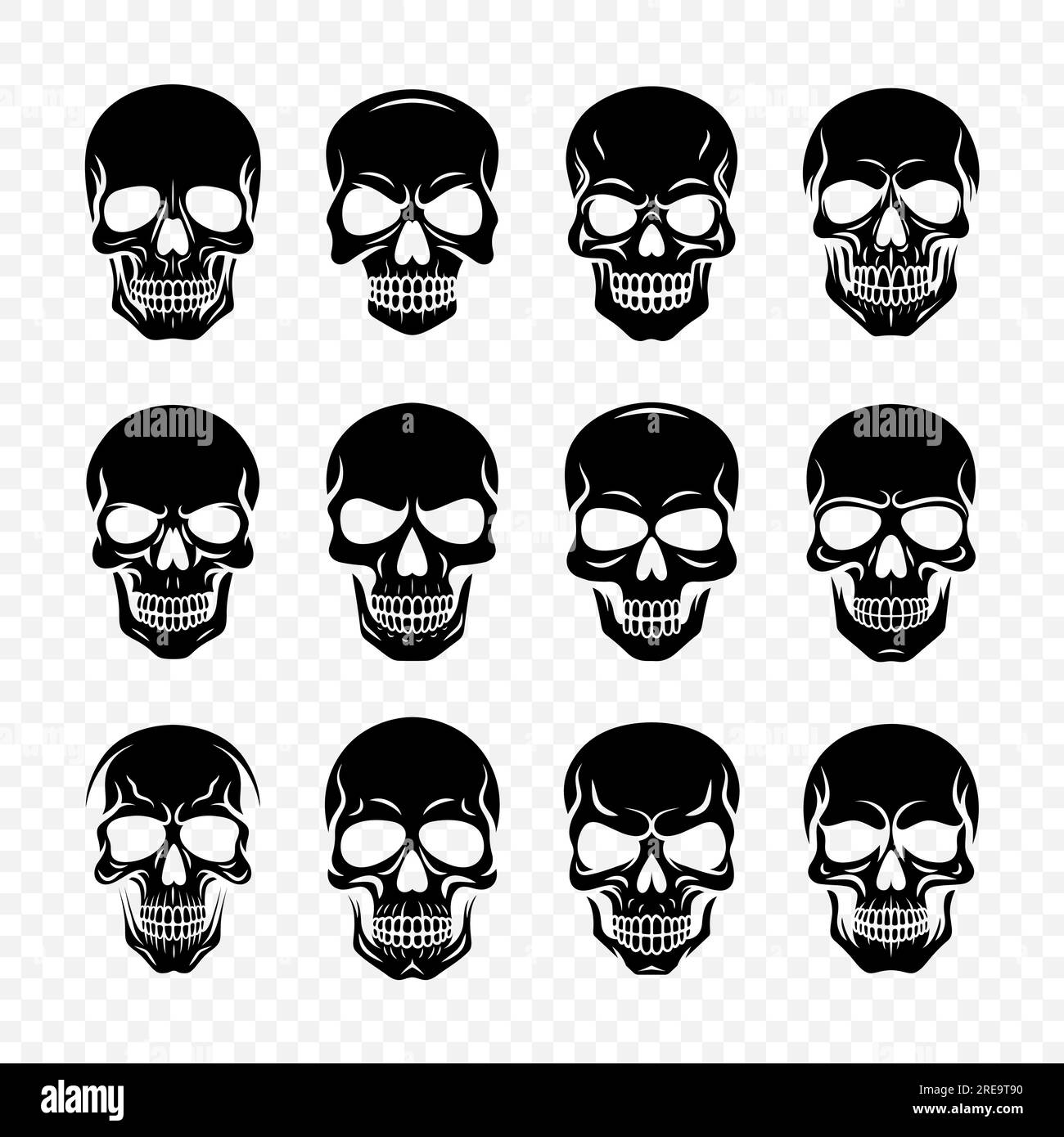 Icône crâne noir vectoriel isolée. Collection Skulls avec contour en vue de face. Modèle de conception de tête de crâne dessiné à la main Illustration de Vecteur