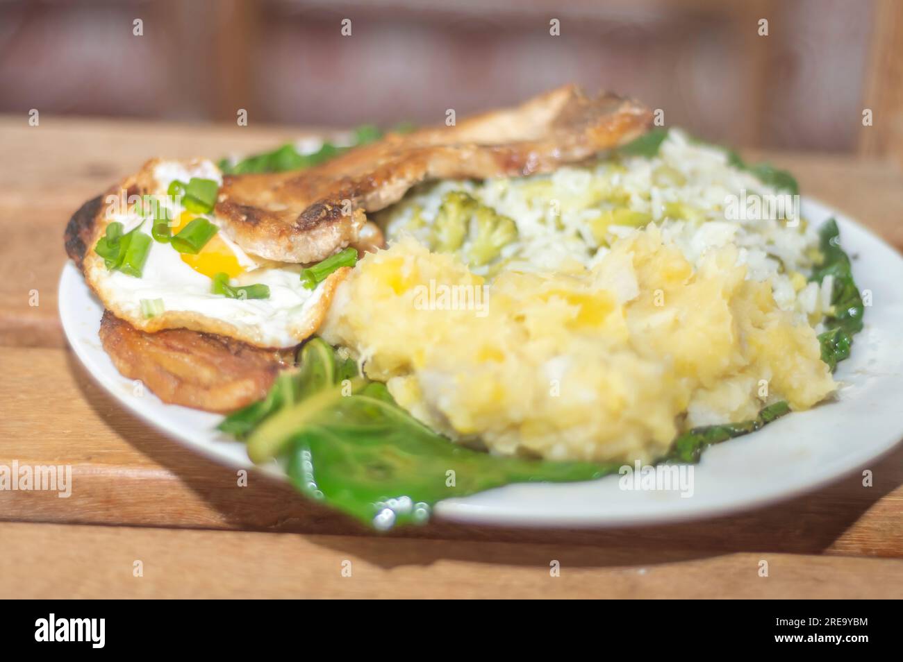 Nourriture maison avec riz, œufs, porc, chou-fleur et délices, concept de nourriture maison avec lumière naturelle. Banque D'Images