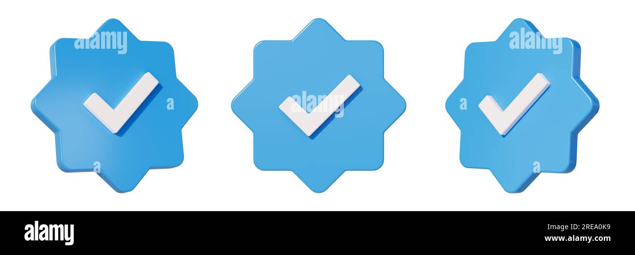 Cochez la case de vérification du profil icône de médias sociaux. Badge bleu vérifié avec signe de coche isolé sur fond vide. Illustration 3D. Banque D'Images