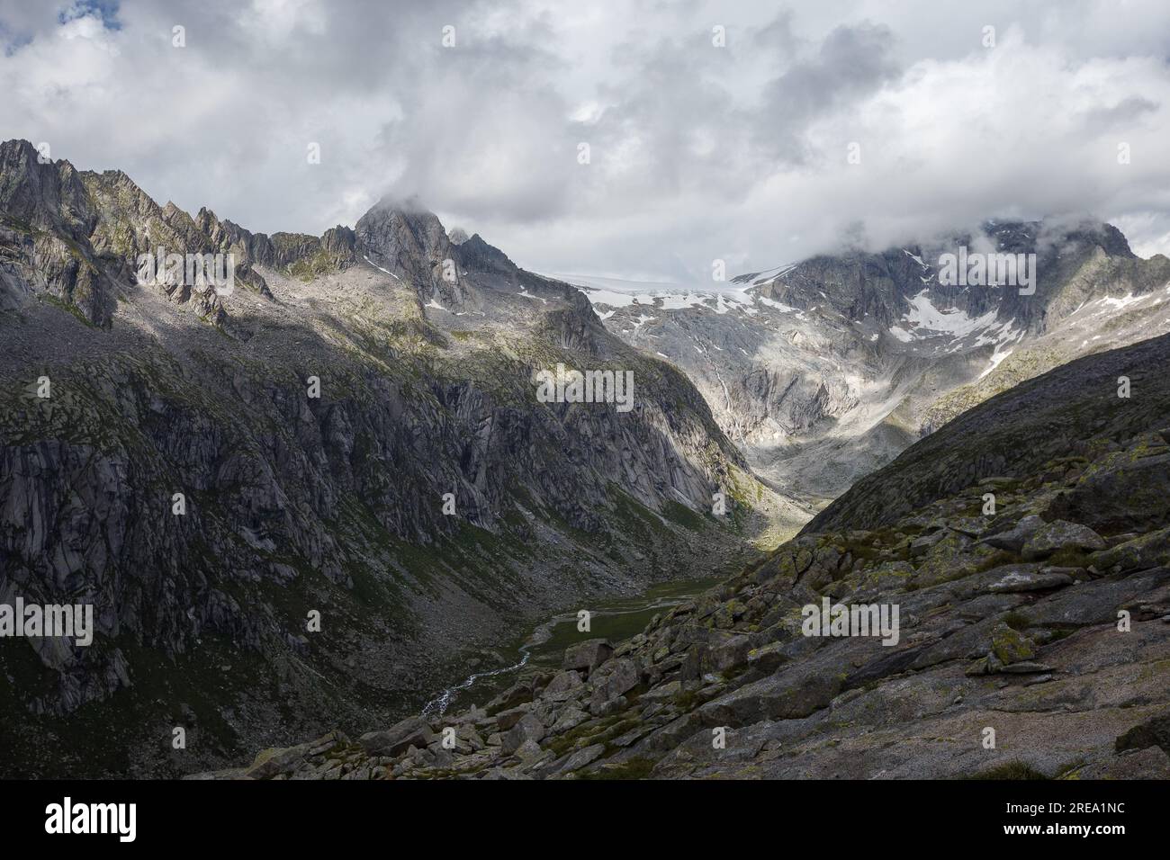 La haute vallée de l'Adamé. Pentes rocheuses lissées par glacier. Adamello Park. Alpes italiennes. Europe. Banque D'Images
